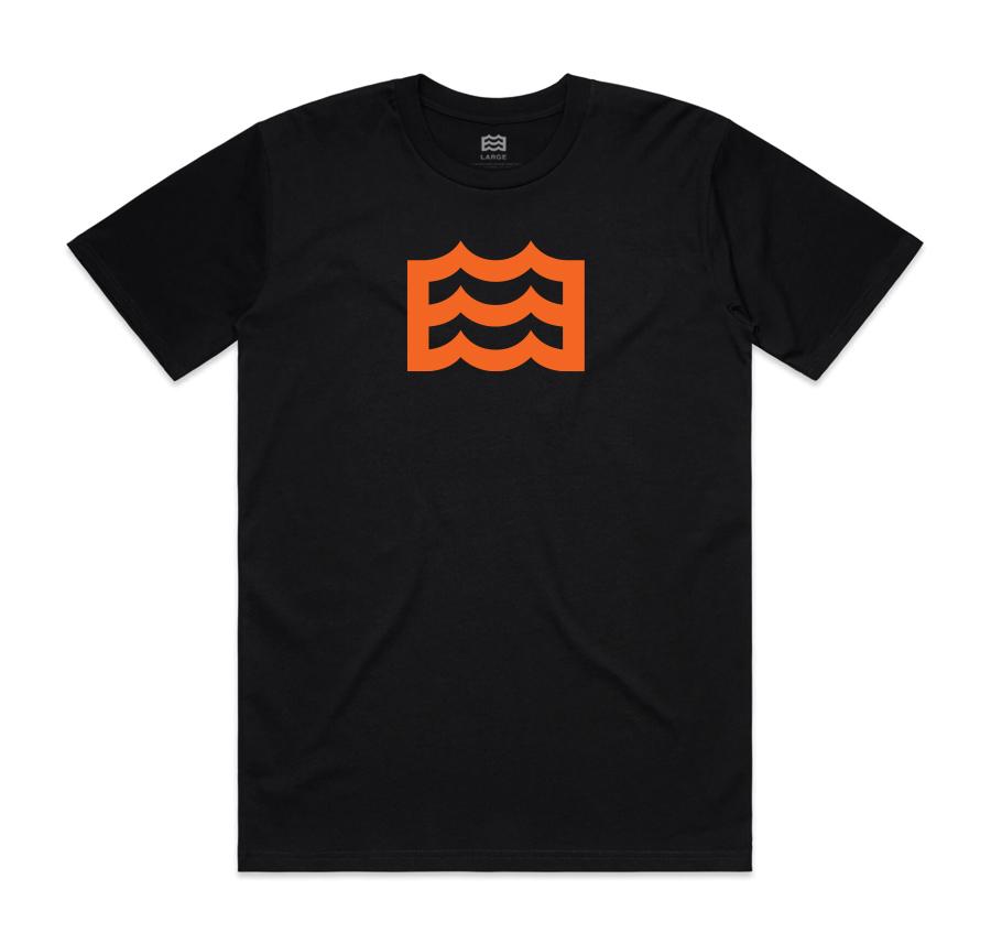 black t-shirt with orange wave logo