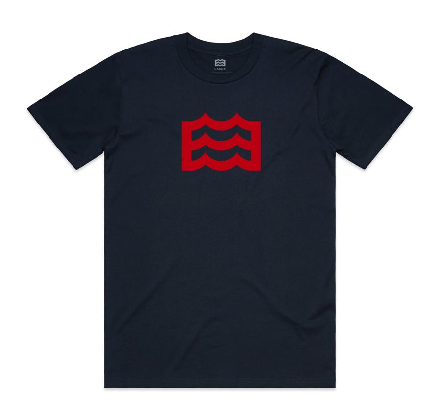 navy t-shirt with red wave logo