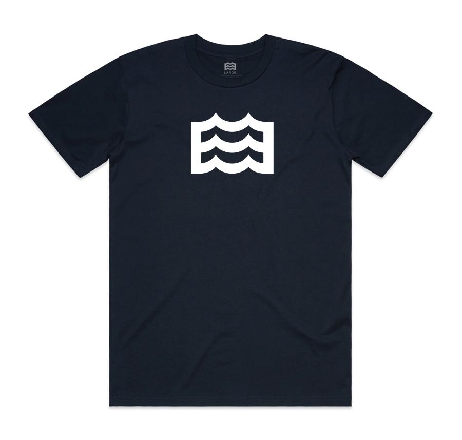 navy t-shirt with white wave logo