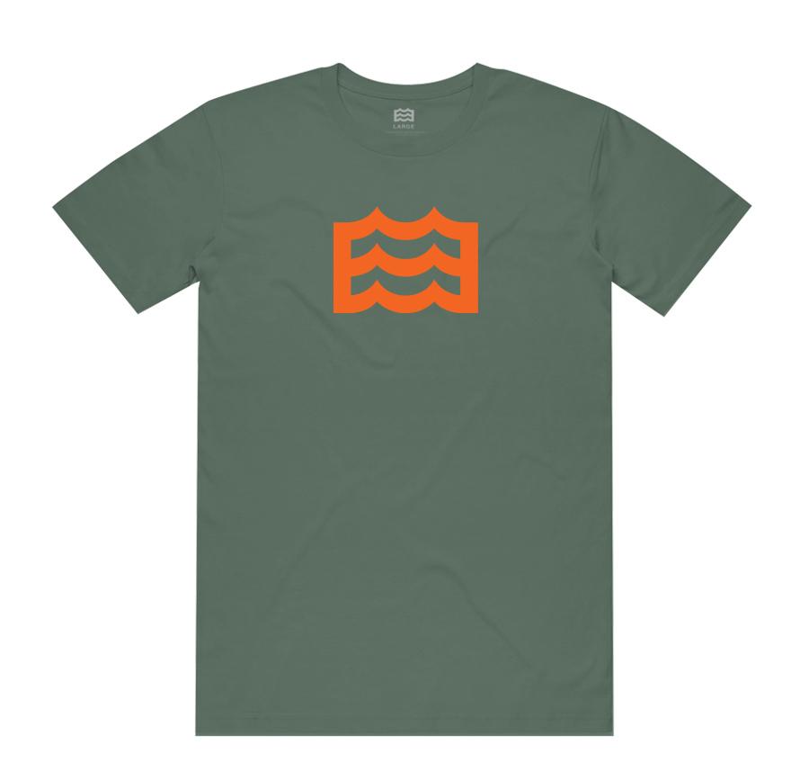 olive t-shirt with orange wave logo