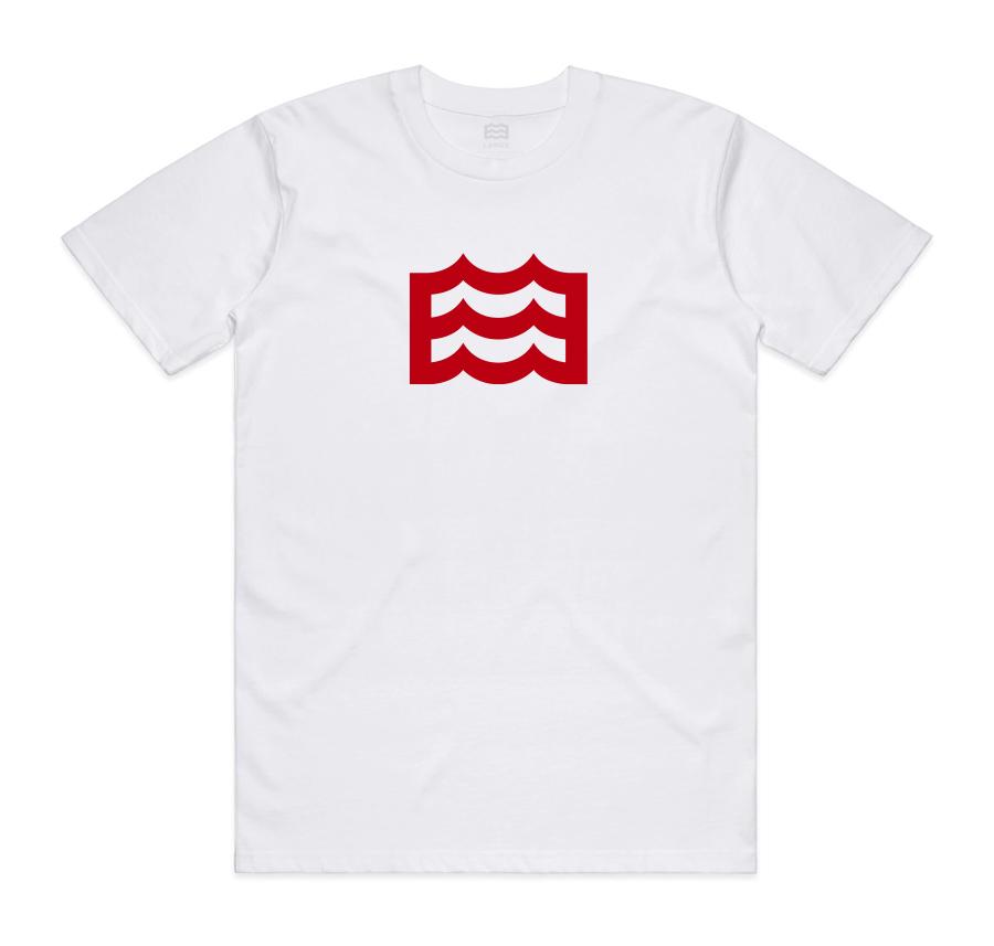 white t-shirt with red wave logo